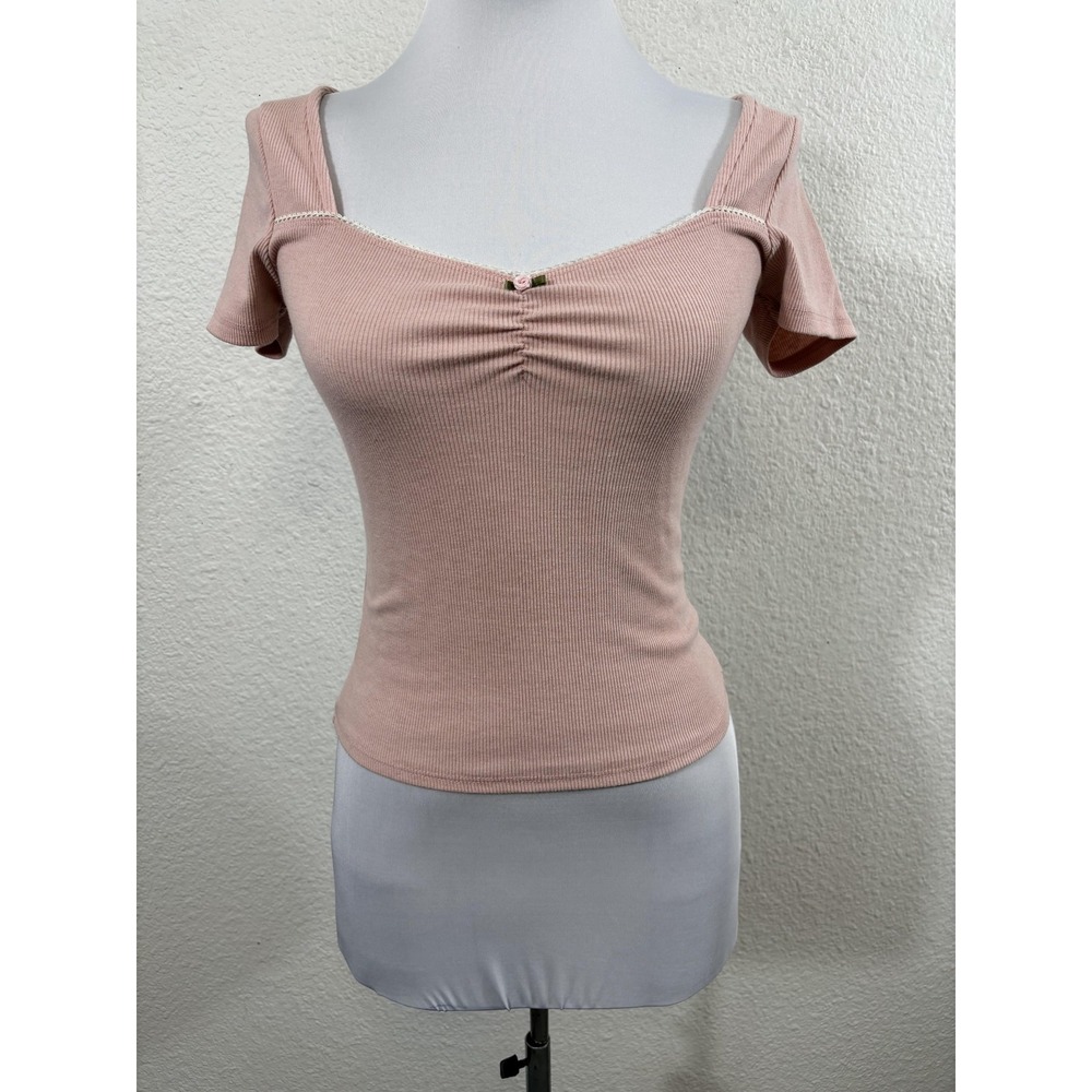 Mixed Thread Shirt Womens XS Pink Ribbed‎ Square Neck Ruched Y2K